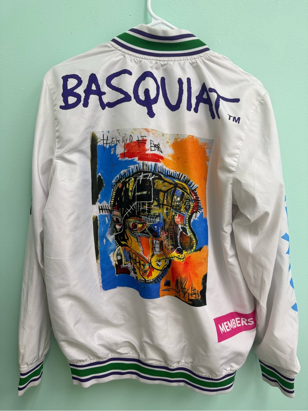 Members Only JEAN MICHEL BASQUIAT White Bomber Jacket Yellow Banana Black Dino S
